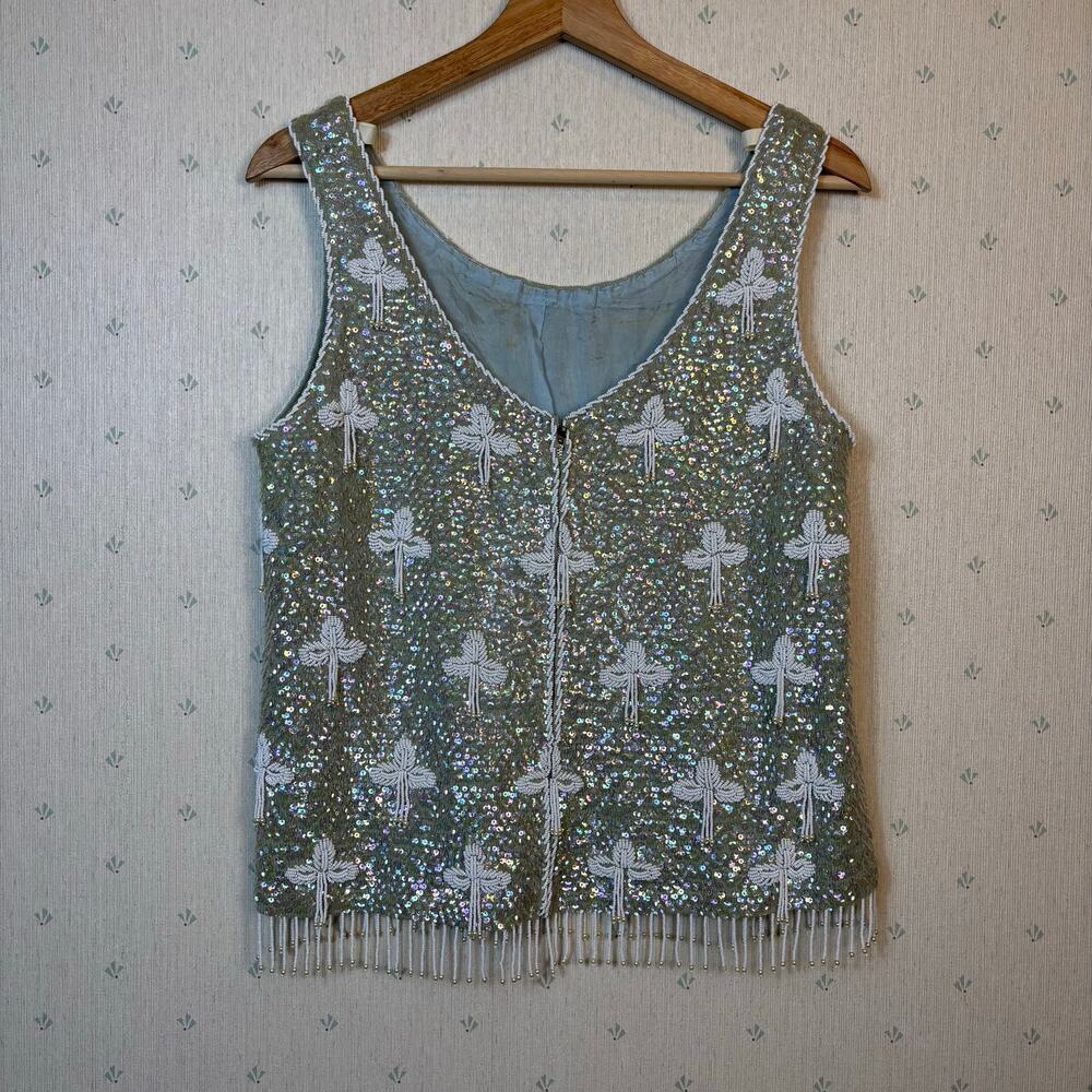 VTG Regalia Imports Floral Beaded Sleeveless Top Small Sequin 100% Wool Fringe - Picture 2 of 11
